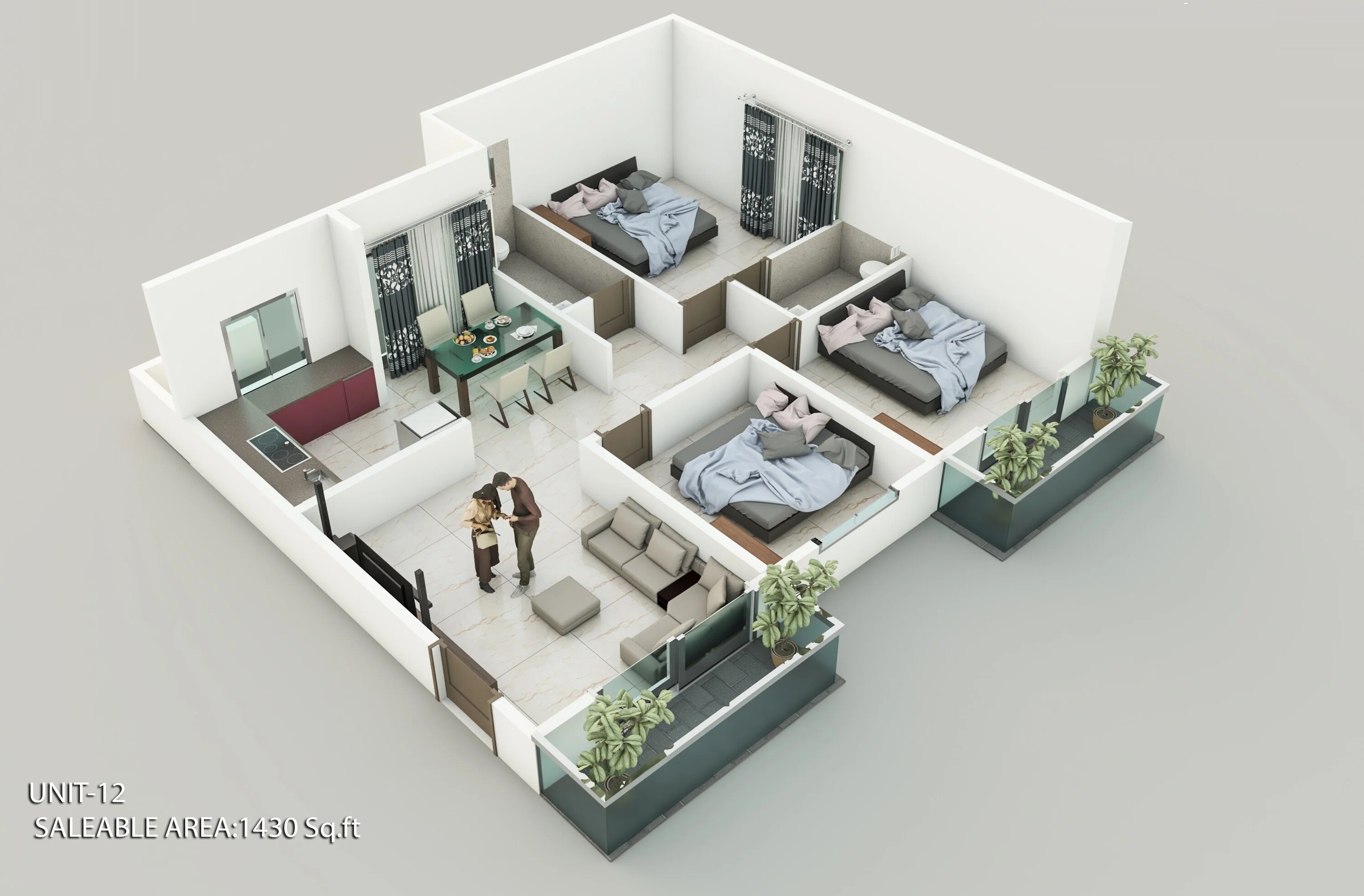 Floor plan of 3 BHK 1430 Sq. Ft. Apartment in Arka Siddhi Pinnacle, Bangalore