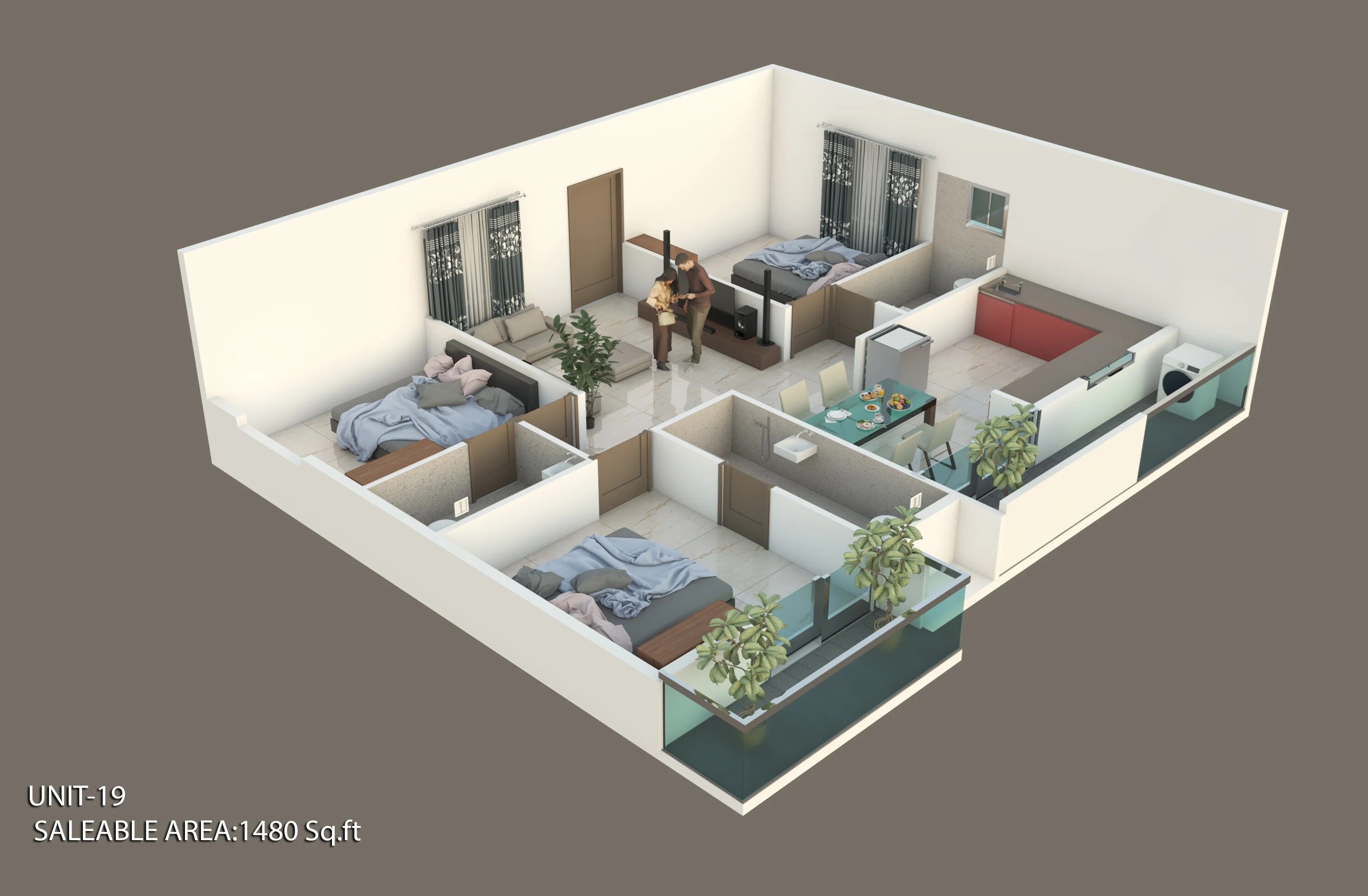 Floor plan of 3 BHK 1480 Sq. Ft. Apartment in Arka Siddhi Pinnacle, Bangalore