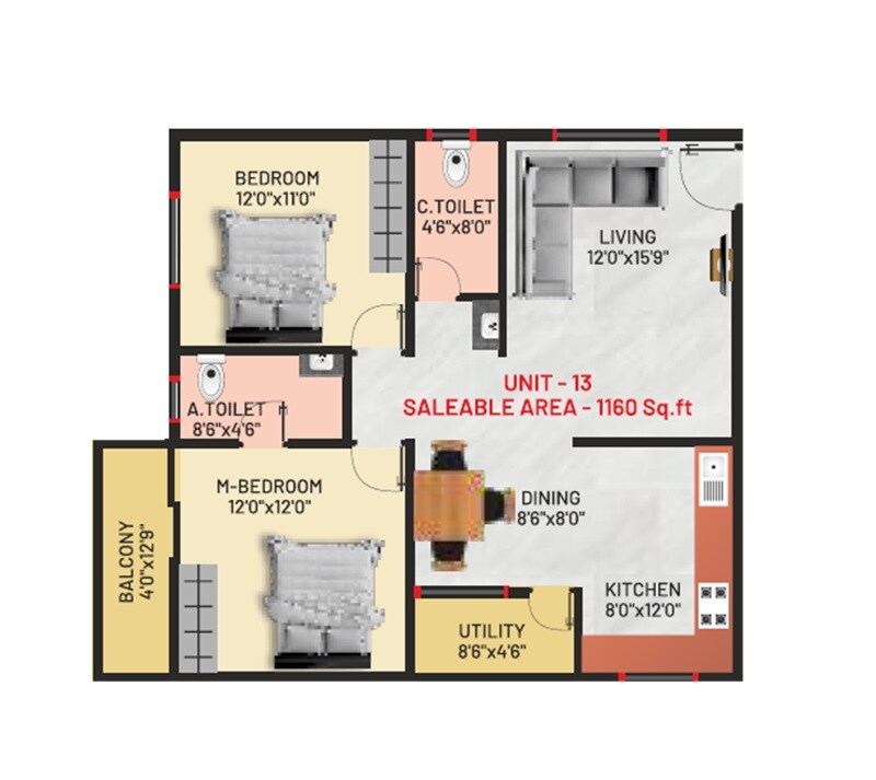 Floor plan of 2 BHK 1160 Sq. Ft. Apartment in Arkha Sanctuary, Bangalore