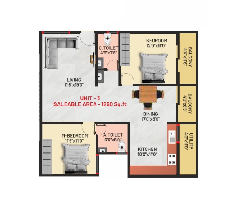 Floor plan of 2 BHK 1290 Sq. Ft. Apartment in Arkha Sanctuary, Bangalore