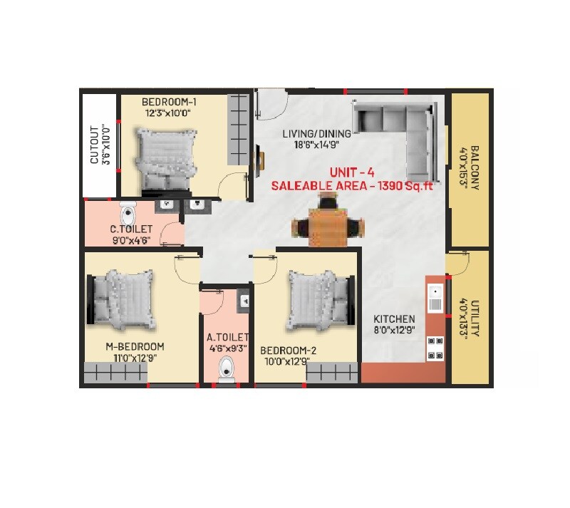 Floor plan of 3 BHK 1390 Sq. Ft. Apartment in Arkha Sanctuary, Bangalore