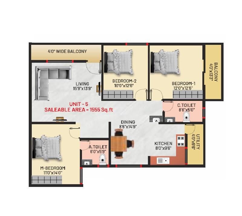 Floor plan of 3 BHK 1555 Sq. Ft. Apartment in Arkha Sanctuary, Bangalore