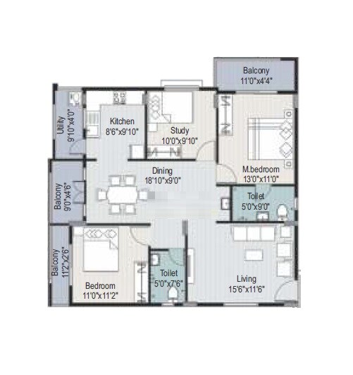 Floor plan of 3 BHK 1575 Sq. Ft. Apartment in Arna Meadows, Bangalore
