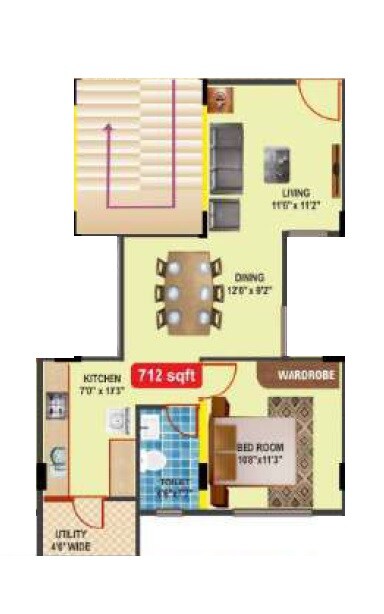 Floor plan of 1 BHK 712 Sq. Ft. Apartment in ARR Sankalpa, Bangalore