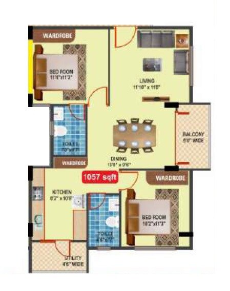 Floor plan of 2 BHK 1057 Sq. Ft. Apartment in ARR Sankalpa, Bangalore