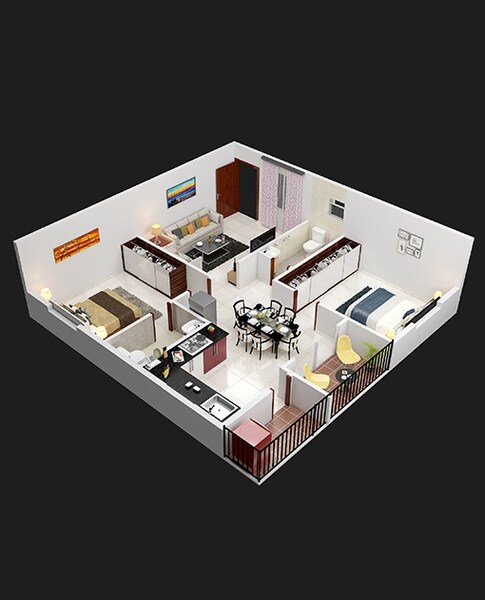 Floor plan of 2 BHK 764 Sq. Ft. Apartment in Ars Green Villae Raspberry, Bangalore