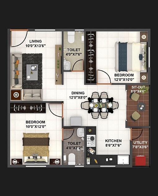 Floor plan of 2 BHK 957 Sq. Ft. Apartment in Ars Green Villae Raspberry, Bangalore