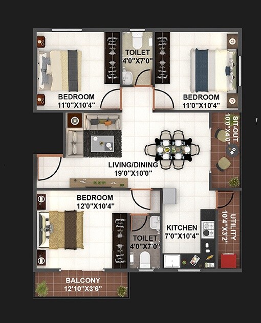 Floor plan of 3 BHK 1210 Sq. Ft. Apartment in Ars Green Villae Raspberry, Bangalore