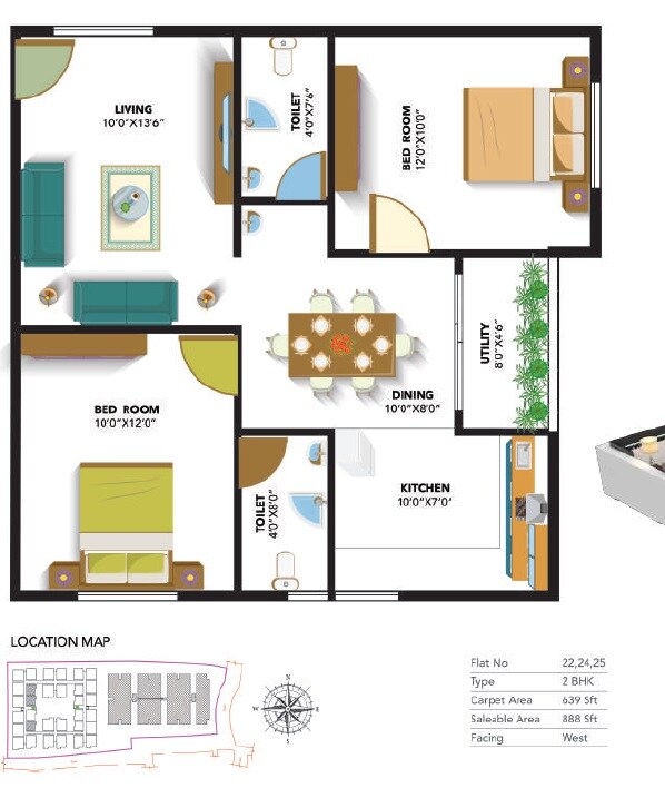 Floor plan of 2 BHK 888 Sq. Ft. Apartment in ARS Green Villae Rosaceae, Bangalore