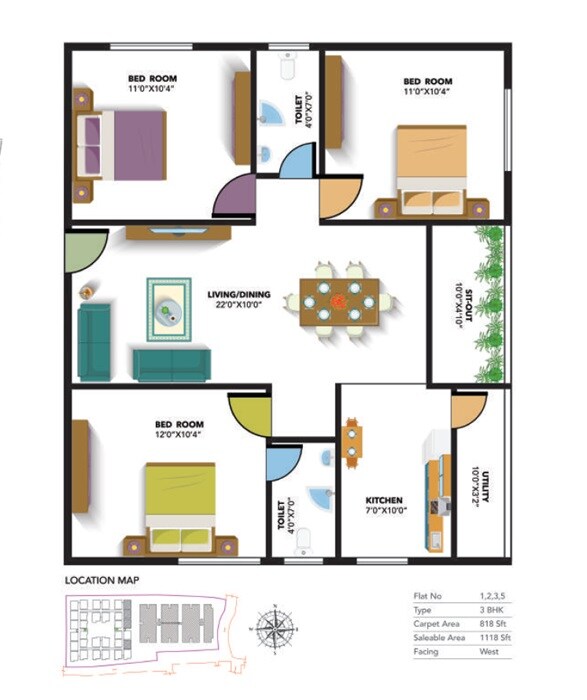 Floor plan of 3 BHK 1118 Sq. Ft. Apartment in ARS Green Villae Rosaceae, Bangalore