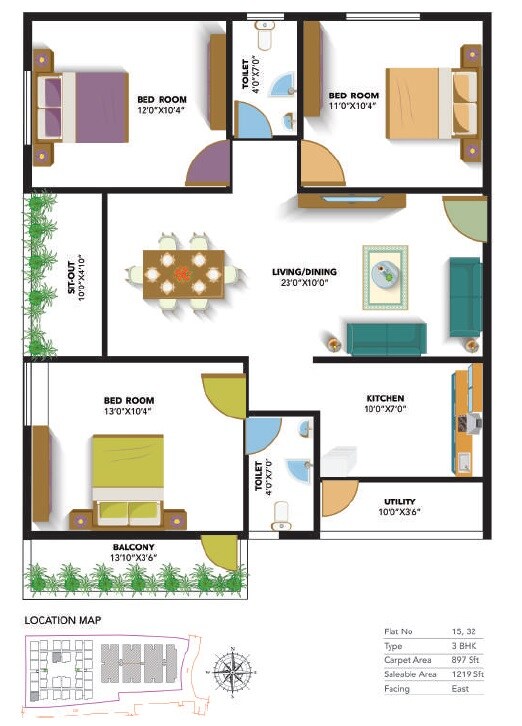 Floor plan of 3 BHK 1219 Sq. Ft. Apartment in ARS Green Villae Rosaceae, Bangalore