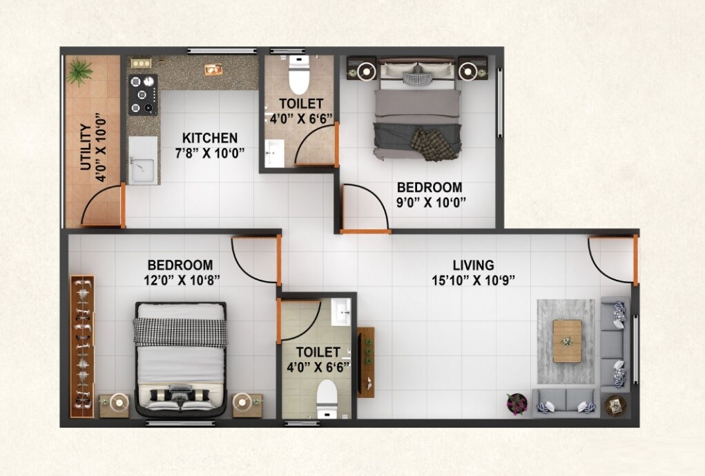Floor plan of 2 BHK 854 Sq. Ft. Apartment in ARS Signature Homes, Bangalore