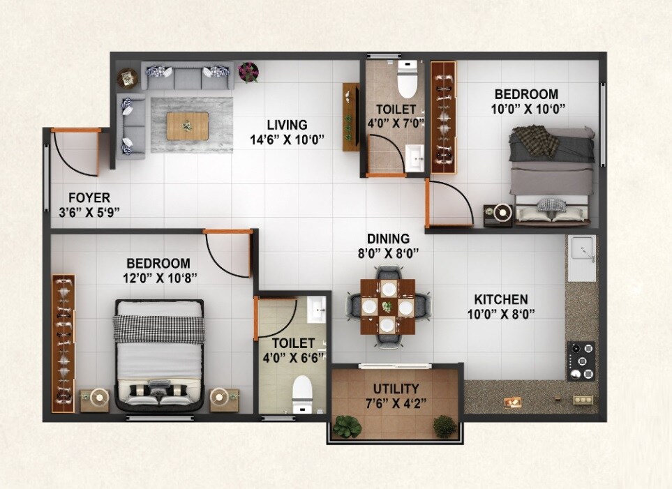 Floor plan of 2 BHK 1100 Sq. Ft. Apartment in ARS Signature Homes, Bangalore