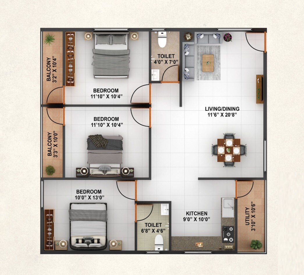 Floor plan of 3 BHK 1200 Sq. Ft. Apartment in ARS Signature Homes, Bangalore
