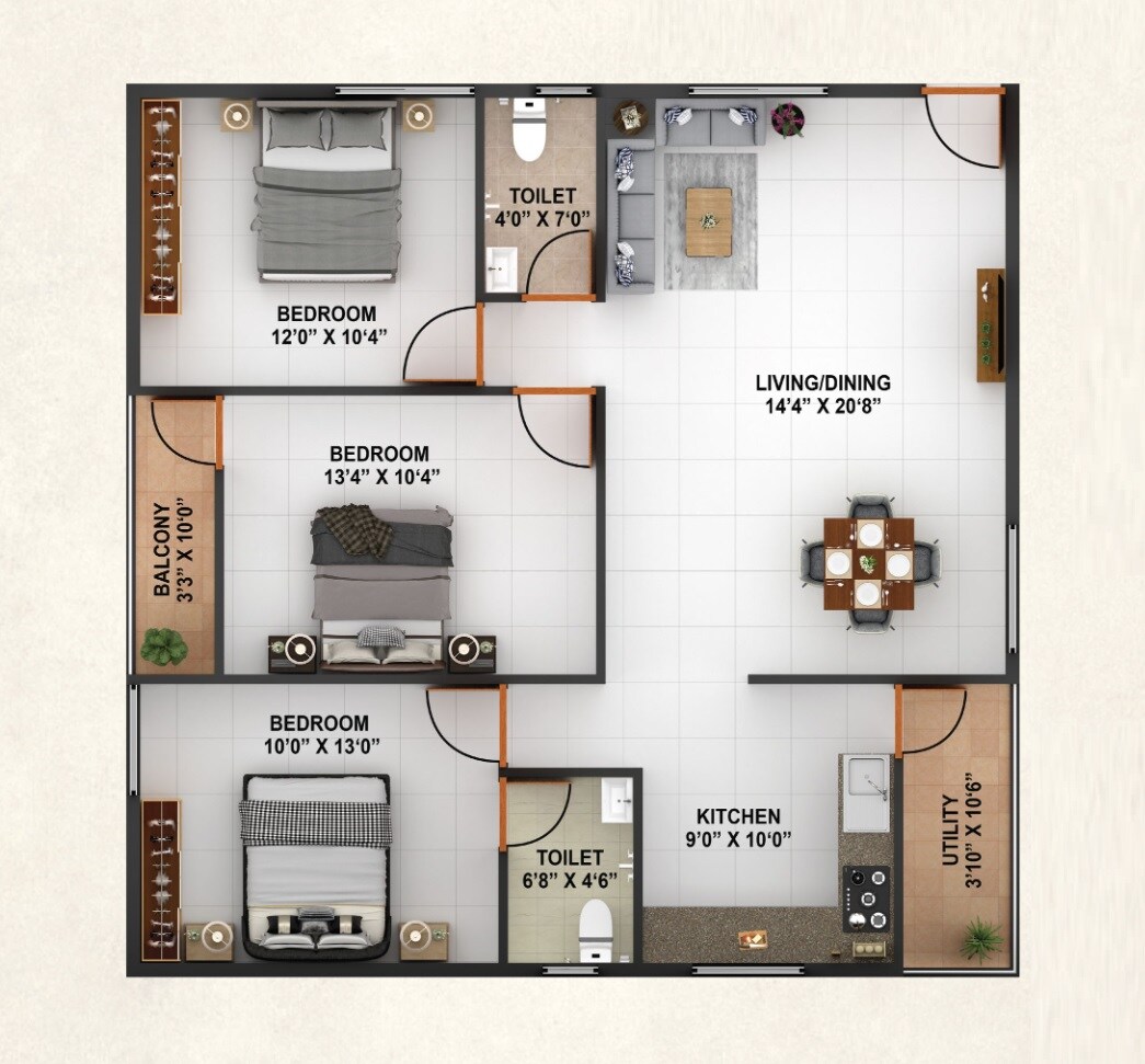 Floor plan of 3 BHK 1795 Sq. Ft. Apartment in ARS Signature Homes, Bangalore