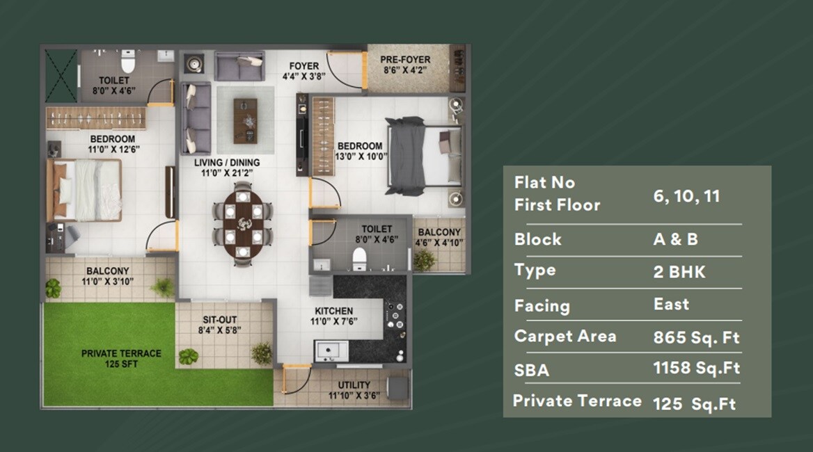 Floor plan of 2 BHK 1158 Sq. Ft. Apartment in ARS Zurich, Bangalore