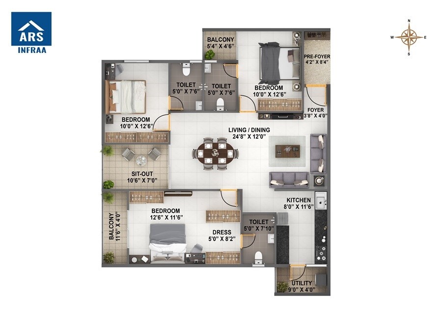 Floor plan of 3 BHK 1834 Sq. Ft. Apartment in ARS Zurich, Bangalore
