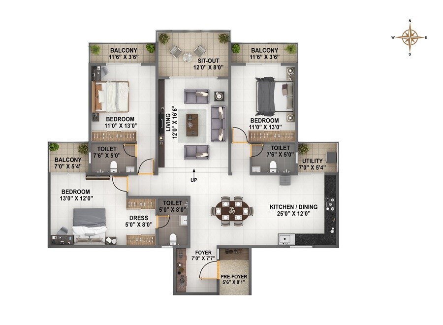 Floor plan of 3 BHK 2084 Sq. Ft. Apartment in ARS Zurich, Bangalore