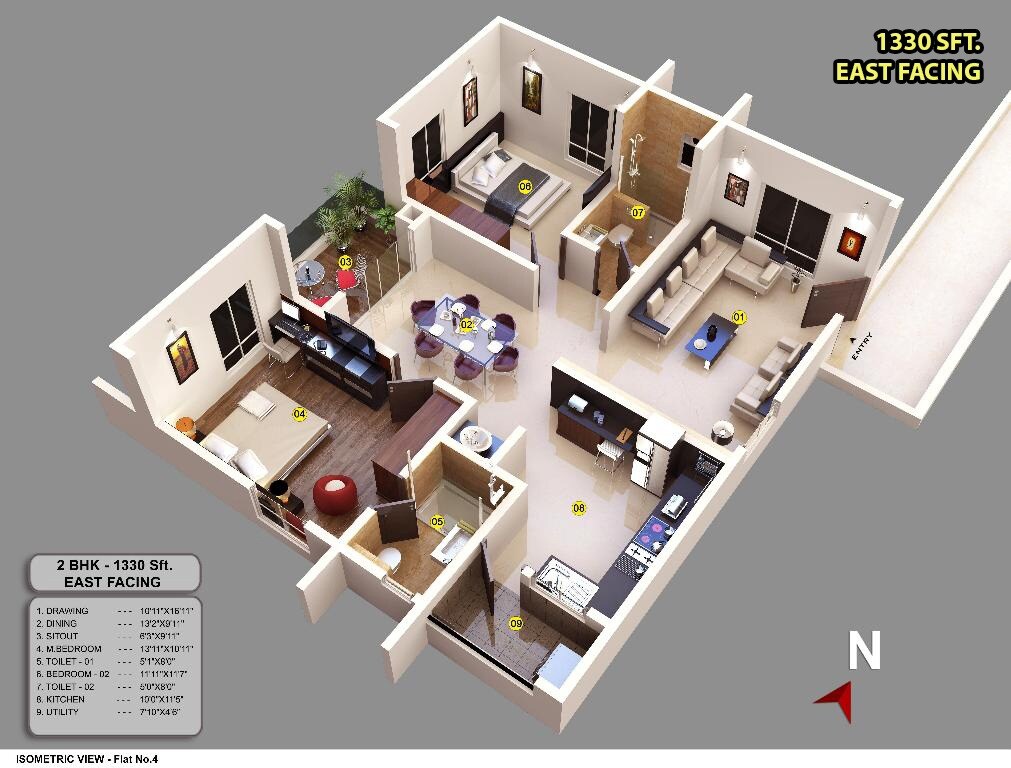 Floor plan of 2 BHK 1330 Sq. Ft. Apartment in Arsis Green Hills, Bangalore