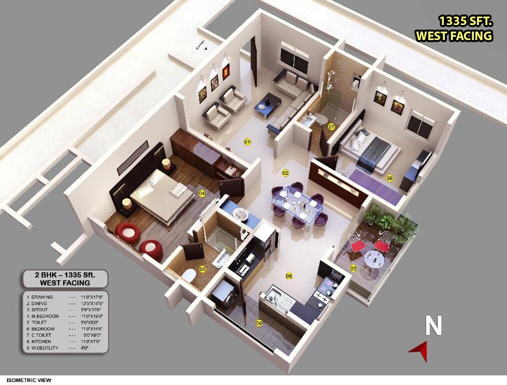 Floor plan of 2 BHK 1335 Sq. Ft. Apartment in Arsis Green Hills, Bangalore