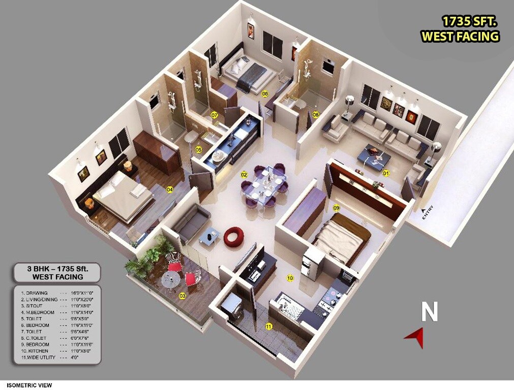 3 BHK 1735 Sq. Ft. Apartment