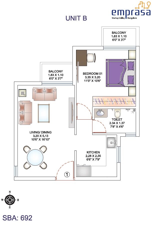 Floor plan of 1 BHK 692 Sq. Ft. Apartment in Emprasa, Bangalore