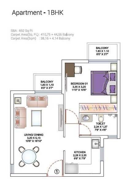 Floor plan of 1 BHK 692 Sq. Ft. Apartment in Artha Emprasa Startup City, Bangalore