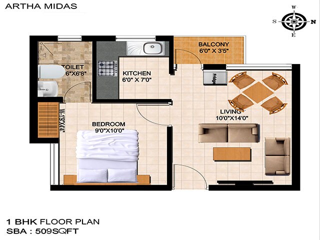 Floor plan of 1 BHK 509 Sq. Ft. Apartment in Artha Neo Midas, Bangalore