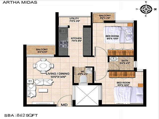 Floor plan of 2 BHK 862 Sq. Ft. Apartment in Artha Neo Midas, Bangalore