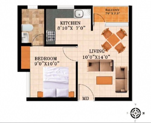 Floor plan of 1 BHK 525 Sq. Ft. Apartment in Artha Neo Midas, Bangalore
