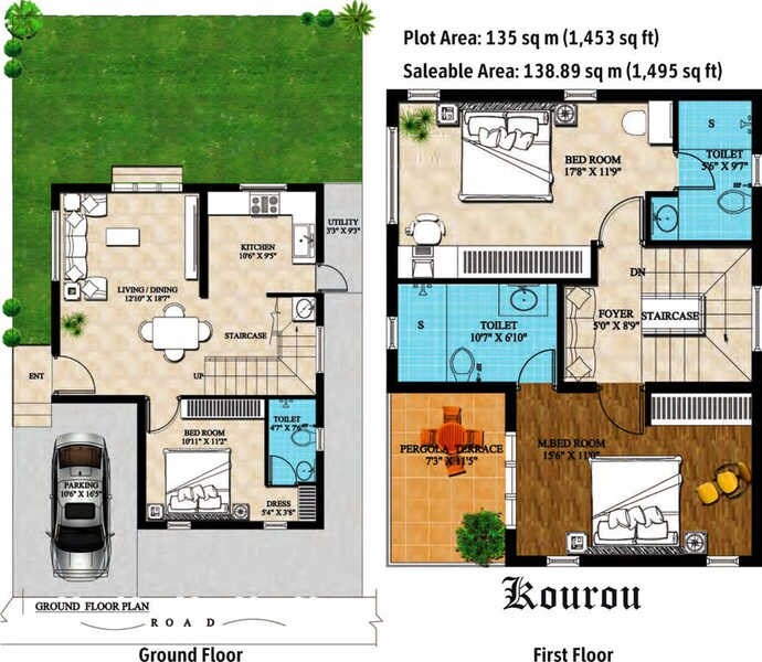 Floor plan of 3 BHK 1495 Sq. Ft. Villa in Artha Reviera, Bangalore