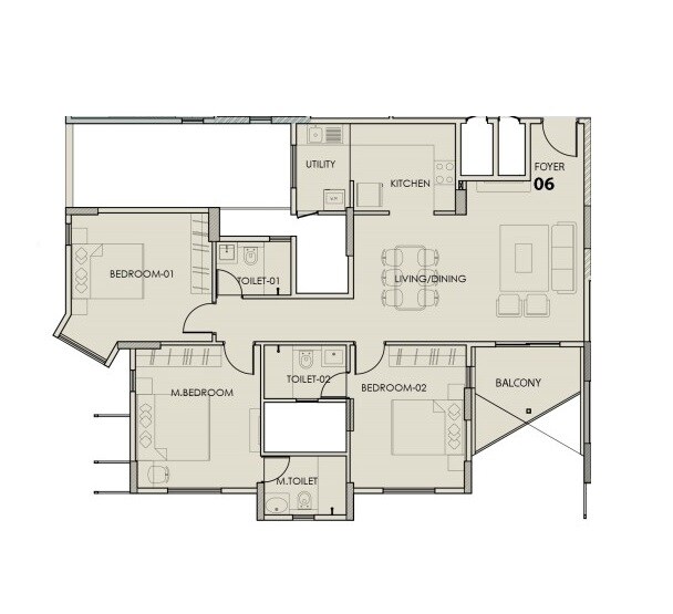 Floor plan of 3 BHK 1544 Sq. Ft. Apartment in Artismo Millionaire Towers, Bangalore