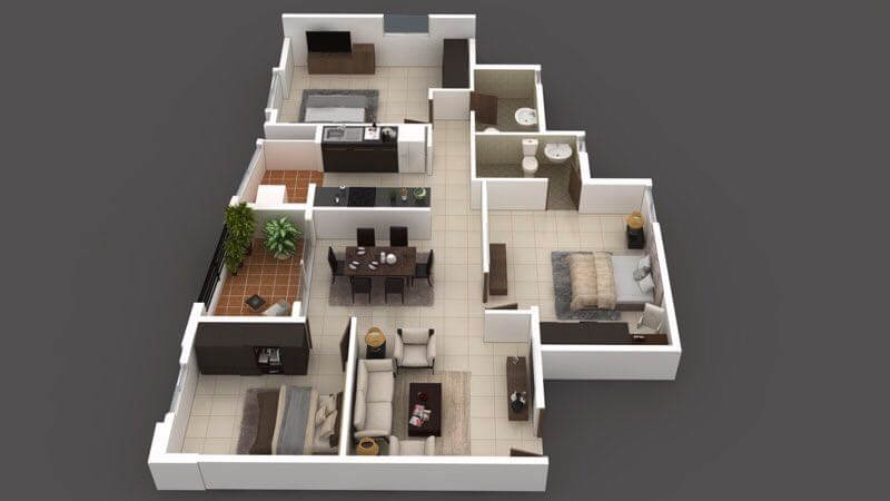 Floor plan of 3 BHK 850 Sq. Ft. Apartment in Arun Northern Destiny, Bangalore