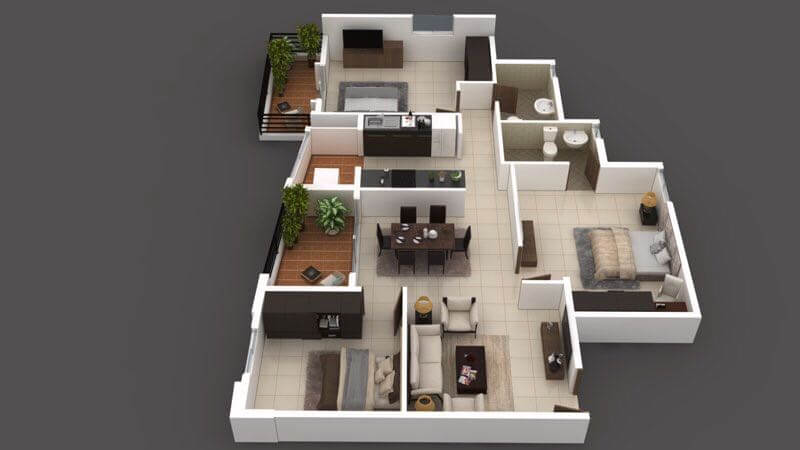 Floor plan of 3 BHK 870 Sq. Ft. Apartment in Arun Northern Destiny, Bangalore