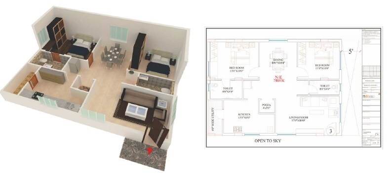 Floor plan of 2 BHK 1136 Sq. Ft. Apartment in Arunodaya Blue Bells, Bangalore