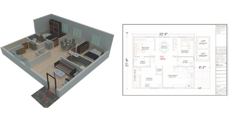 Floor plan of 2 BHK 1232 Sq. Ft. Apartment in Arunodaya Blue Bells, Bangalore