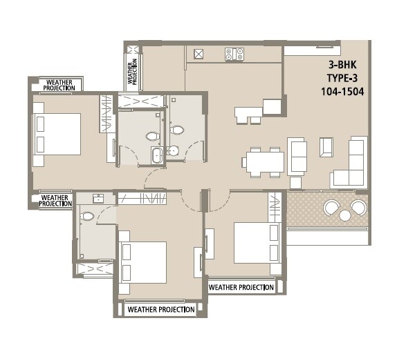 Floor plan of 3 BHK 1524 Sq. Ft. Apartment in Arvind Bel Air, Bangalore