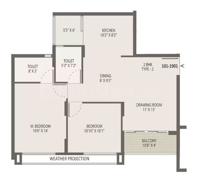 Floor plan of 2 BHK 1086 Sq. Ft. Apartment in Arvind Oasis, Bangalore