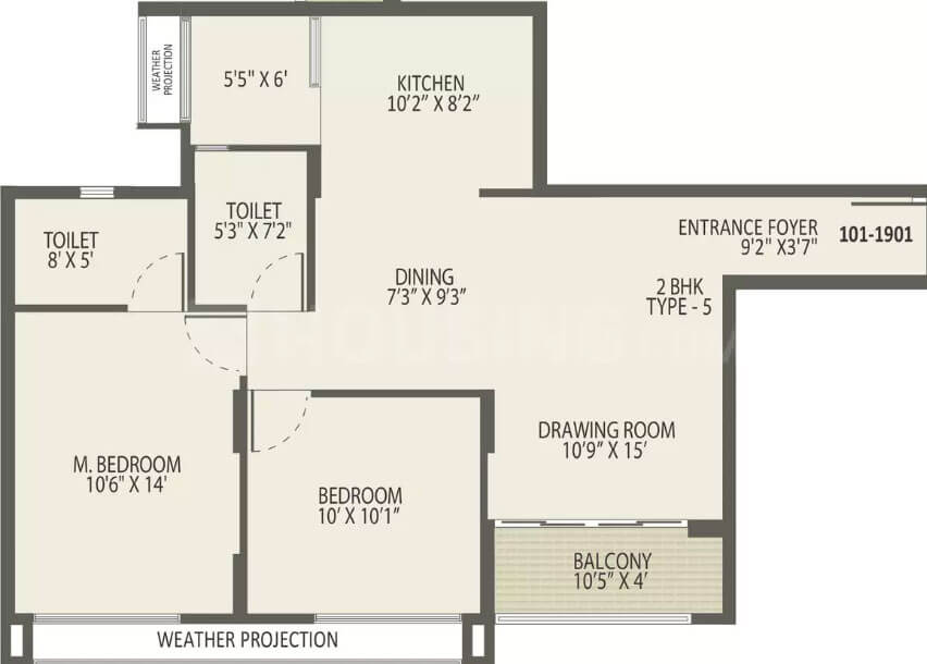 Floor plan of 2 BHK 1102 Sq. Ft. Apartment in Arvind Oasis, Bangalore