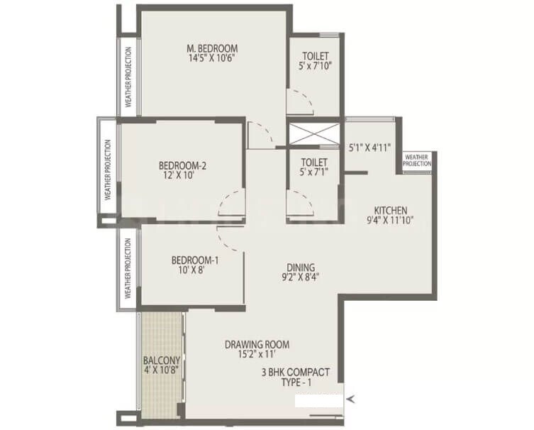 Floor plan of 3 BHK 1541 Sq. Ft. Apartment in Arvind Oasis, Bangalore