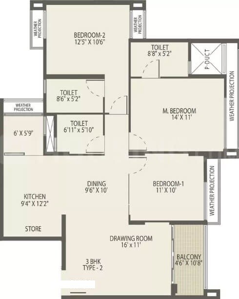 Floor plan of 3 BHK 1647 Sq. Ft. Apartment in Arvind Oasis, Bangalore