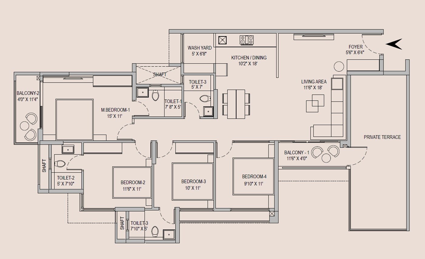 Floor plan of 4 BHK 1888 Sq. Ft. Apartment in Arvind Skycrest, Bangalore