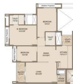 Floor plan of 2 BHK 1284 Sq. Ft. Apartment in Arvind Skylands, Bangalore