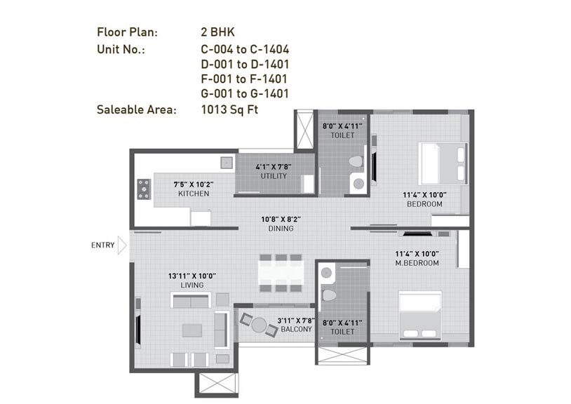 Floor plan of 2 BHK 1013 Sq. Ft. Apartment in Arvind Sporcia, Bangalore