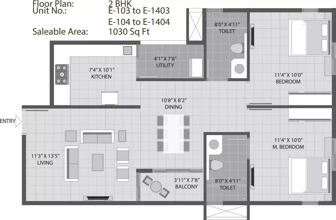 Floor plan of 2 BHK 1030 Sq. Ft. Apartment in Arvind Sporcia, Bangalore