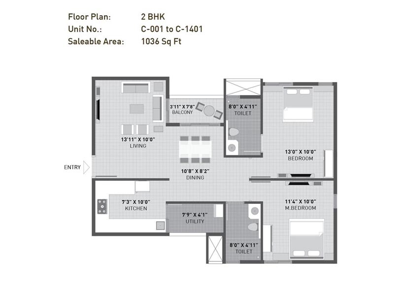 Floor plan of 2 BHK 1036 Sq. Ft. Apartment in Arvind Sporcia, Bangalore