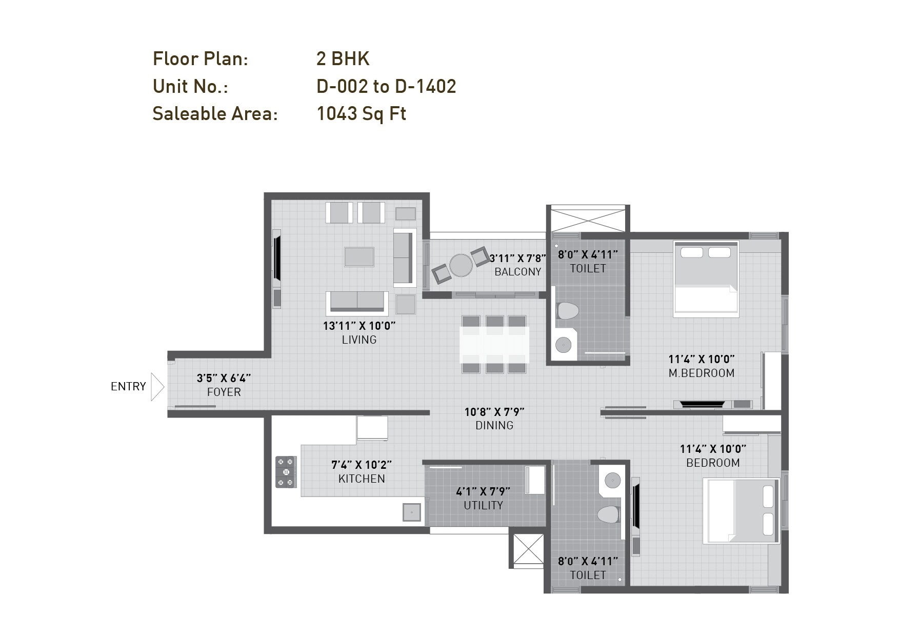 Floor plan of 2 BHK 1043 Sq. Ft. Apartment in Arvind Sporcia, Bangalore