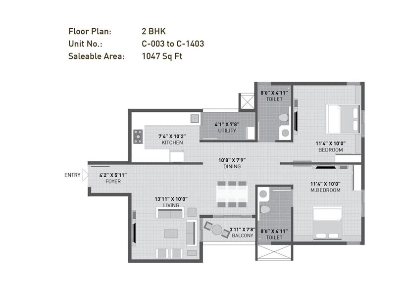 Floor plan of 2 BHK 1047 Sq. Ft. Apartment in Arvind Sporcia, Bangalore
