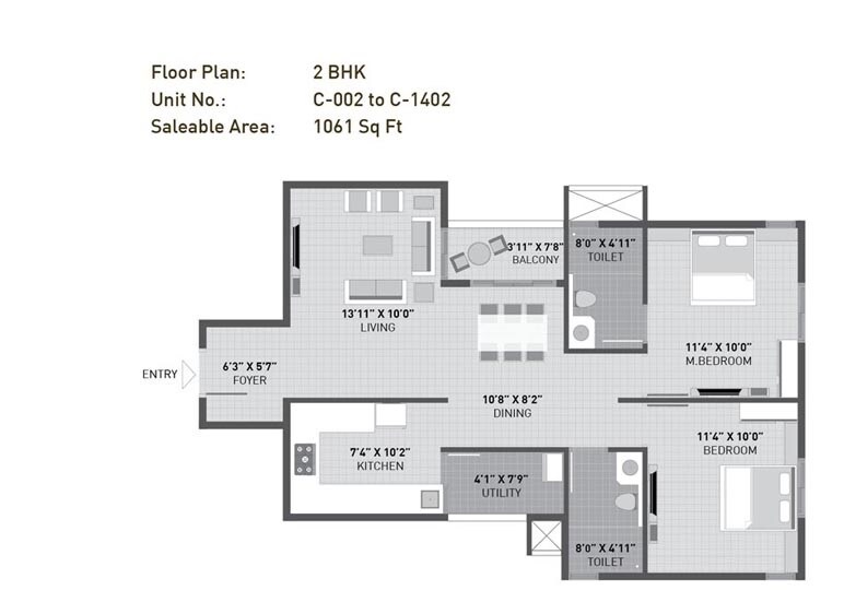 Floor plan of 2 BHK 1061 Sq. Ft. Apartment in Arvind Sporcia, Bangalore