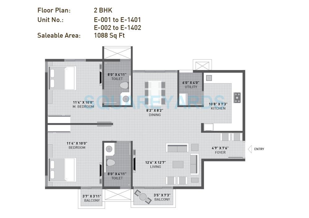 Floor plan of 2 BHK 1088 Sq. Ft. Apartment in Arvind Sporcia, Bangalore